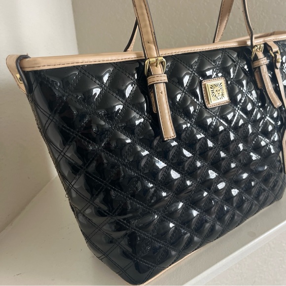 Anne Klein Quilted Patent Leather Shiny Black Tote Purse Shoulder Bag - Picture 3 of 14